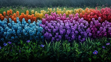 Vibrant flower garden under rain showcasing multicolored blooms and greenery