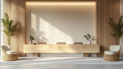 Empty white wall mockup in modern office space with minimalist design and wood accents, featuring desks and chairs in the background. 3D rendering. 