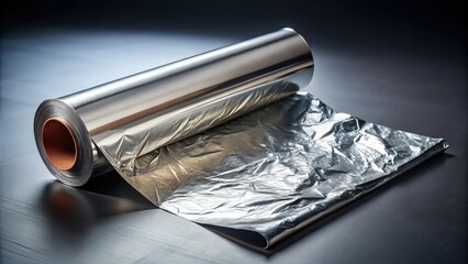 Studio-shot aluminum foil roll silhouette against a grey backdrop, highlighting its kitchen utility and packaging design.