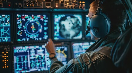 Obraz premium Holographic displays used for space mission control and planning. -