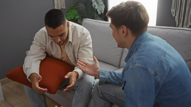 Two friends talking on a couch in a cozy living room