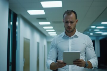 Young professional man in a white shirt holding a tablet in a modern office hallway, focused on work-related tasks and engaged in digital communication