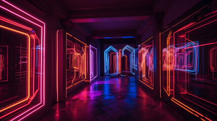 Neon light art installation hallway, vibrant colors, palace interior, immersive experience