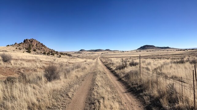Dirt road through arid landscape, clear sky, hills. - Powered by Adobe