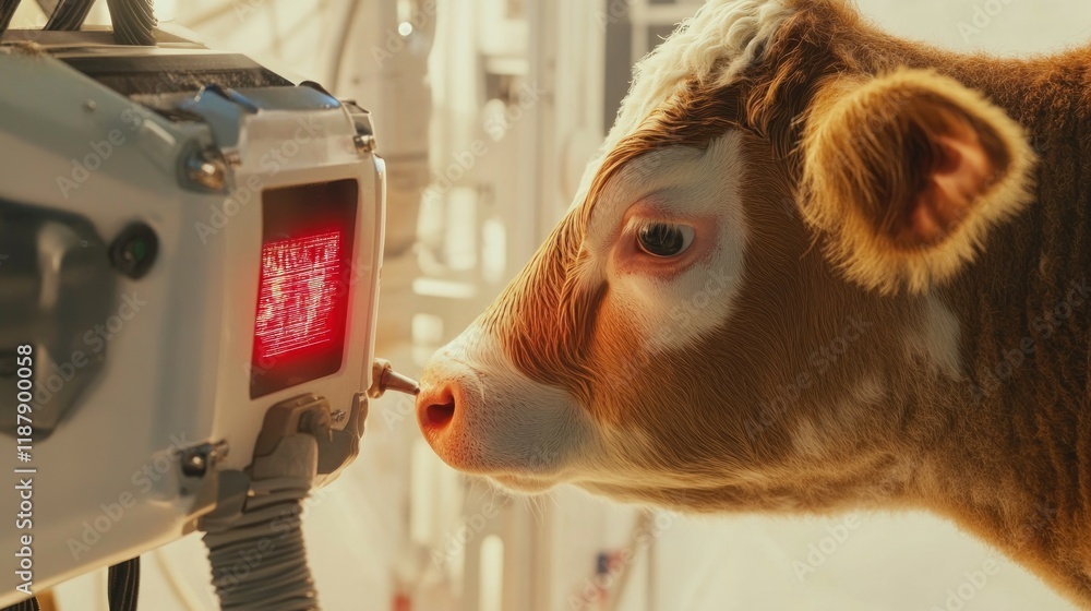 Aufkleber a calf interacts with a high-tech device in a controlled environment.
