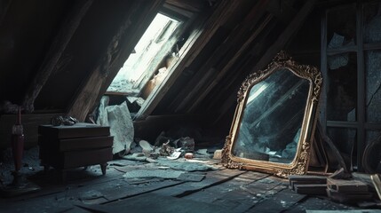 Forgotten Memories: A Golden Mirror in a Decaying Attic