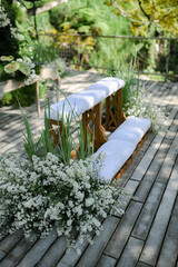 Wedding Decoration Fairy theme outdoors. Fairy theme wedding decoration outdoors. Intimate and private party. Wedding stage with a pool view