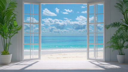 White window Beach window view Blue sky ocean view seaside tropical nature landscape scene scenery wallpaper