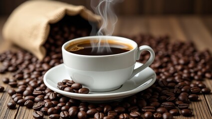 Fototapeta premium Steaming Coffee Cup Surrounded By Roasted Beans
