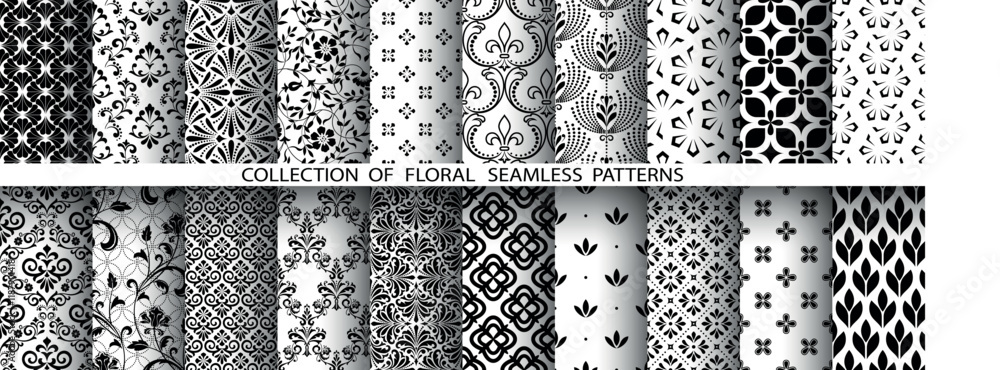 Poster geometric floral set of seamless patterns. white and black vector backgrounds. damask graphic orname
