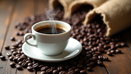 Fototapeta premium Steaming Coffee Cup Surrounded By Roasted Coffee Beans
