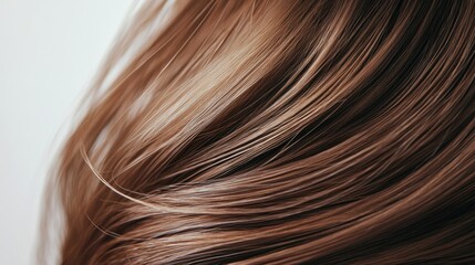 Naklejka premium Beautiful model girl with Brown hair strand,silky healthy chestnut wavy hair strand,hair wavy ribbon, with smooth,Keratin straightening,Treatment,straight long hair,procedures,Smooth hairstyle.