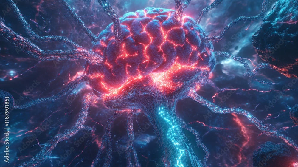 Poster a vibrant, abstract representation of a neural network resembling a brain.
