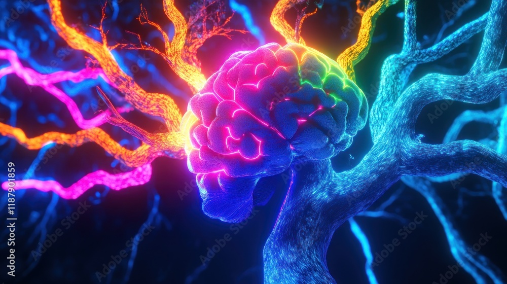 Poster a vibrant, stylized brain with colorful neural pathways, representing cognitive processes.
