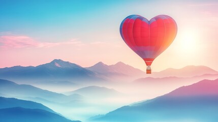 Fototapeta premium Red air balloon heart shape against blue and pink pastel sky in a sunny bright morning Foggy mountains in the background Romantic postcard background on Valentines Day Travel and recreation theme