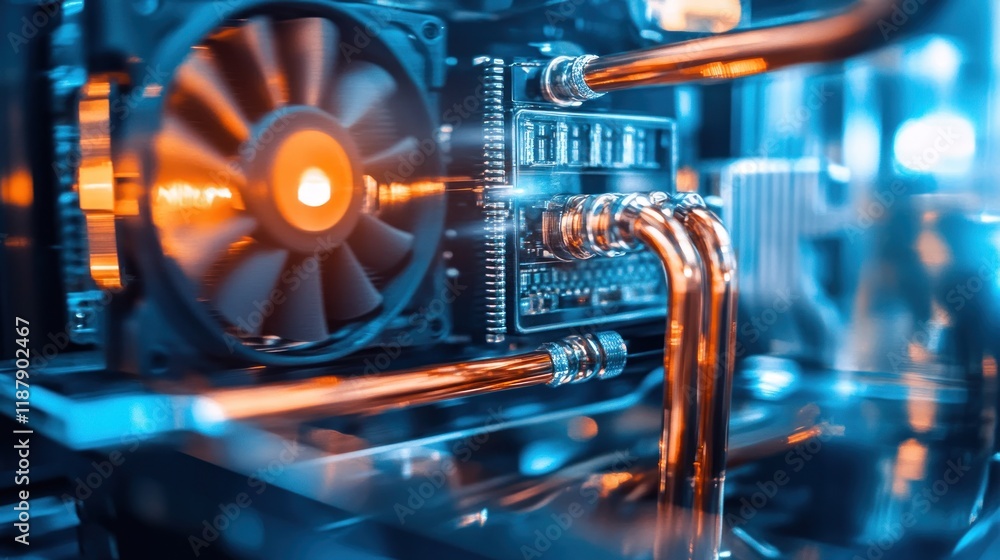 Poster close-up of a computer cooling system with pipes and a fan, showcasing technology design.