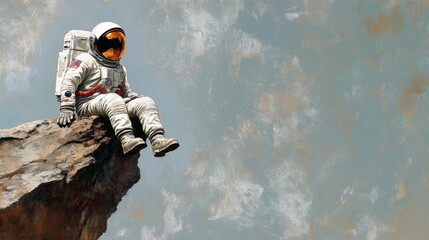 Spaceman on rock edge Mixed media