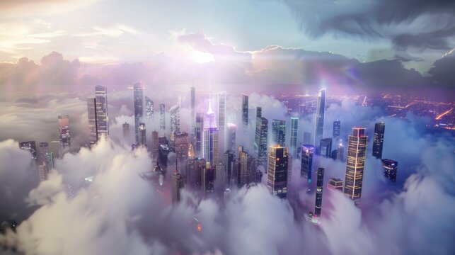 a fantastical cityscape rising amidst clouds and skyscrapers, white space in the center of the page for text, vibrant neon lights against a backdrop of urban darkness