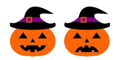 Pumpkin with black pruple witch hat. Halloween scary jack o lantern with black hats vector illustration. Pumpkin clip art evil printable graphic element