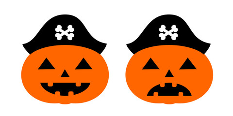 umpkin with pirate hat. Halloween scary jack o lantern with black hats vector illustration. Pumpkin clip art evil printable graphic element
