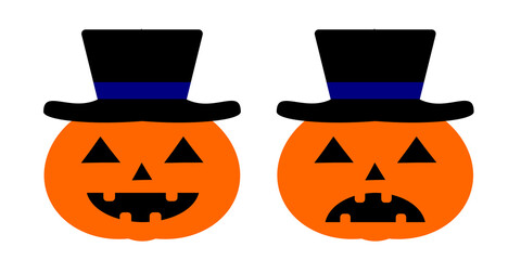 Pumpkin with magician hat. Halloween scary jack o lantern with black hats vector illustration. Pumpkin clip art evil printable graphic element