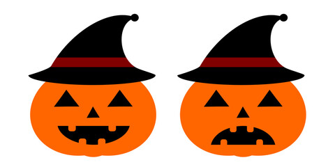 Pumpkin with witch hat. Halloween scary jack o lantern with black hats vector illustration. Pumpkin clip art evil printable graphic element