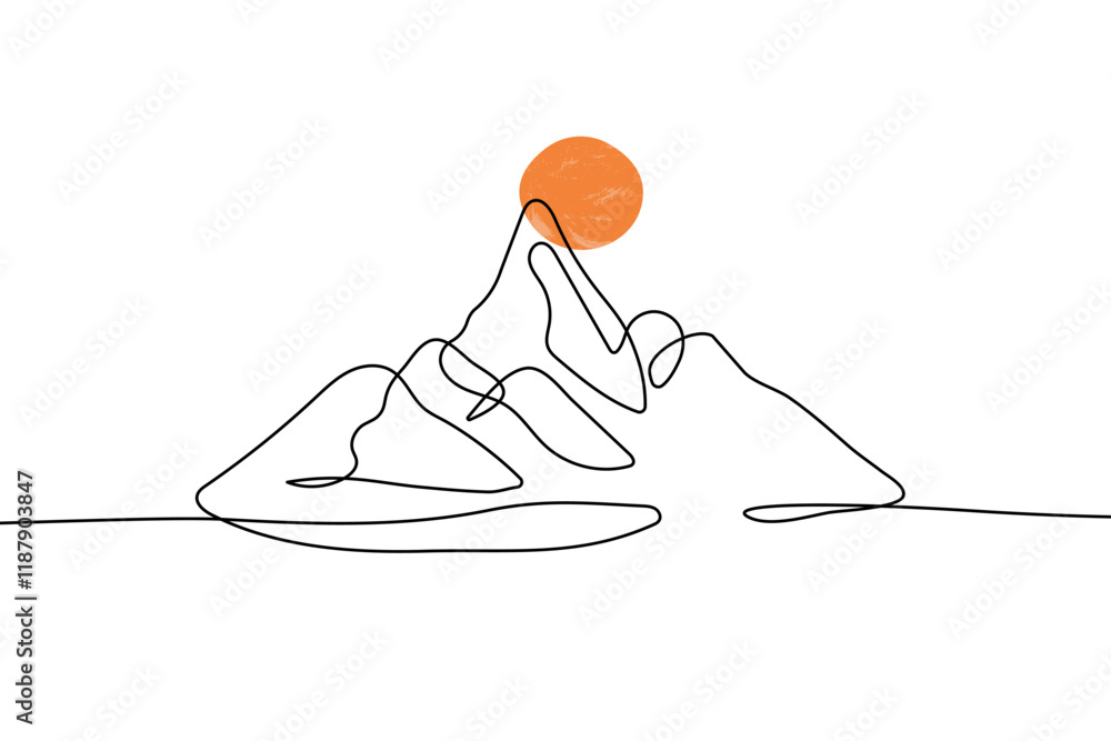 Poster mountain landscape continuous one line vector drawing. sunset in mountains linear isolated vector ha