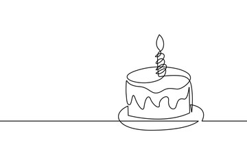Continuous Line Drawing of Birthday Cake. Sweet Dessert Continuous One Line Drawing of Cake Vector Simple Linear Illustration