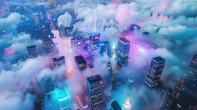 a fantastical cityscape rising amidst clouds and skyscrapers, white space in the center of the page for text, vibrant neon lights against a backdrop of urban darkness