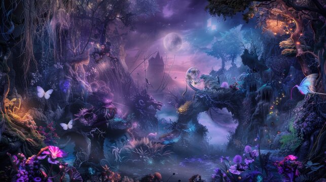 a fantastical dreamscape adorned with whimsical creatures and enchanted landscapes, white space in the center of the page for text, vibrant and surreal hues against a mystical background