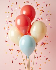 Cheerful pastel balloons with bright confetti on pink background, ideal for birthday party decor, celebration banners, and festive event invitations