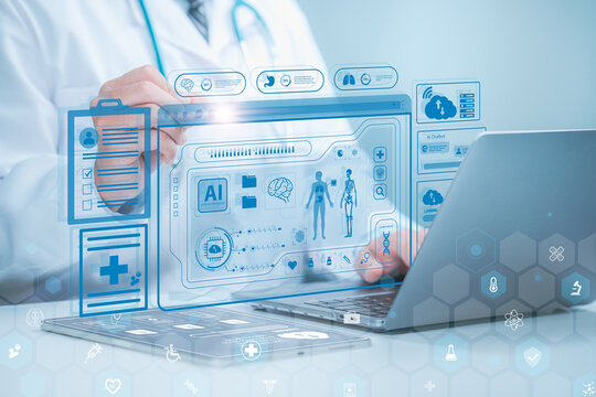 Medical Health Cloud data Concept. A doctor analyzing with a tablet and laptop, accessing medical cloud data via holographic interfaces displaying patient information, AI insights and body scans.