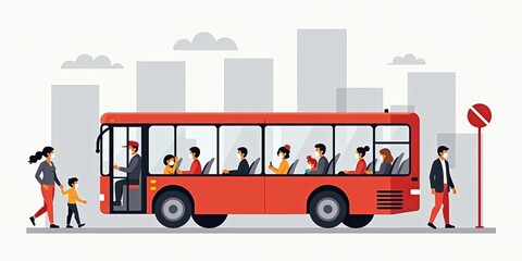 Flat design illustration showing a red bus with passengers, pedestrians walking nearby, and an urban skyline. Ideal for urban commuting, public transportation, and modern city concepts.
