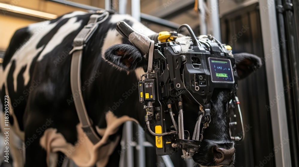 Poster a cow equipped with a high-tech device for monitoring health and productivity.