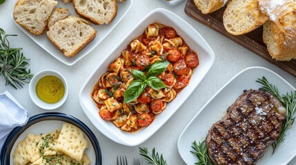 Italian breakfast featuring multiple modern white ceramic plates: a vibrant tomato based pasta with fresh basil garnish in a wide-rimmed dish, artisanal crusty Italian bread slices on a sleek