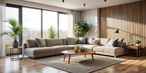 Fototapeta premium Modern Living Room Interior with L-Shaped Sofa and Wooden Wall, Interior Design, Modern Home ,living room, interior design