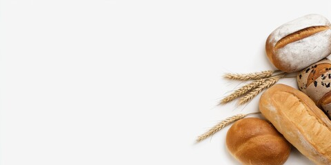 An assortment of freshly baked bread, including rolls and loaves, elegantly displayed on a white background symbolize comfort, warmth, and traditional culinary skills in baking.
