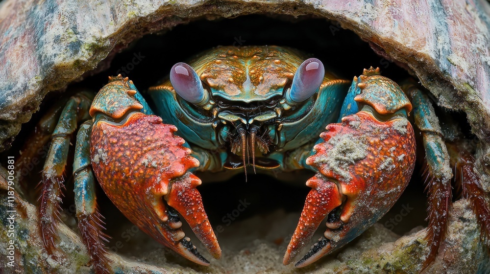 Poster a close-up of a colorful crab peeking out from its shell.