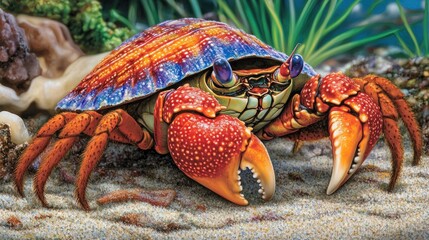 A vibrant illustration of a crab on the ocean floor, showcasing its colorful shell and claws.
