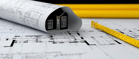 New Home Construction  Blueprint  House Model  Measuring Tape