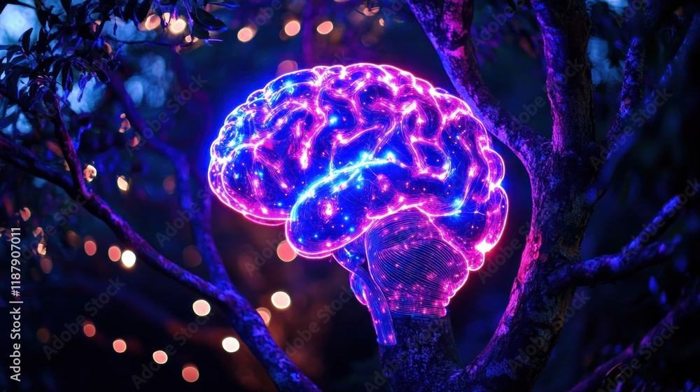 Poster a glowing brain intertwined with a tree, symbolizing nature and intellect.