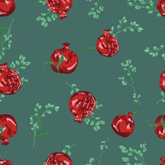 Seamless pattern, pomegranate, fruits plant, Hand drawn, watercolor, summer, tropical floral, leaves illustration, all over print to use textile, fabric, wallpaper, clothing, fashion, background