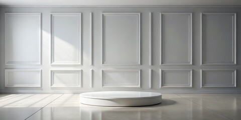 Fototapeta premium White Round Podium Against White Wall with Molding, Product Display , Interior Design