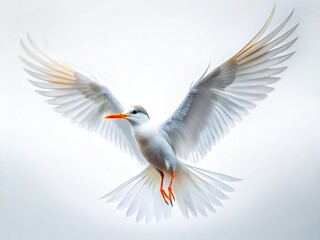 Obraz premium A lone white bird, wings outstretched, frozen mid-flight against a pristine white backdrop.
