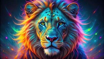 Fototapeta premium A 3D close-up: neon lion explodes with vibrant fluorescent color in this macro wildlife art photograph.