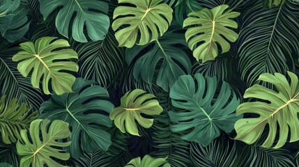 Monstera green leaves or Monstera Deliciosa in dark tones(Monstera palm rubber plant pine birds nest fern) background or green leafy tropical pine forest patterns for creative design elements