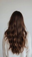 Fototapeta premium Beautiful model girl with Brown hair strand,silky healthy chestnut wavy hair strand,hair wavy ribbon, with smooth,Keratin straightening,Treatment,straight long hair,procedures,Smooth hairstyle.