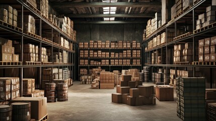 Obraz premium Large warehouse interior filled with cardboard boxes, barrels, and pallets on shelves.
