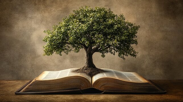 Lush green tree growing from open antique book.