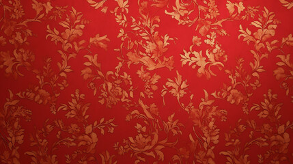 The image features a vibrant red background adorned with intricate golden floral designs